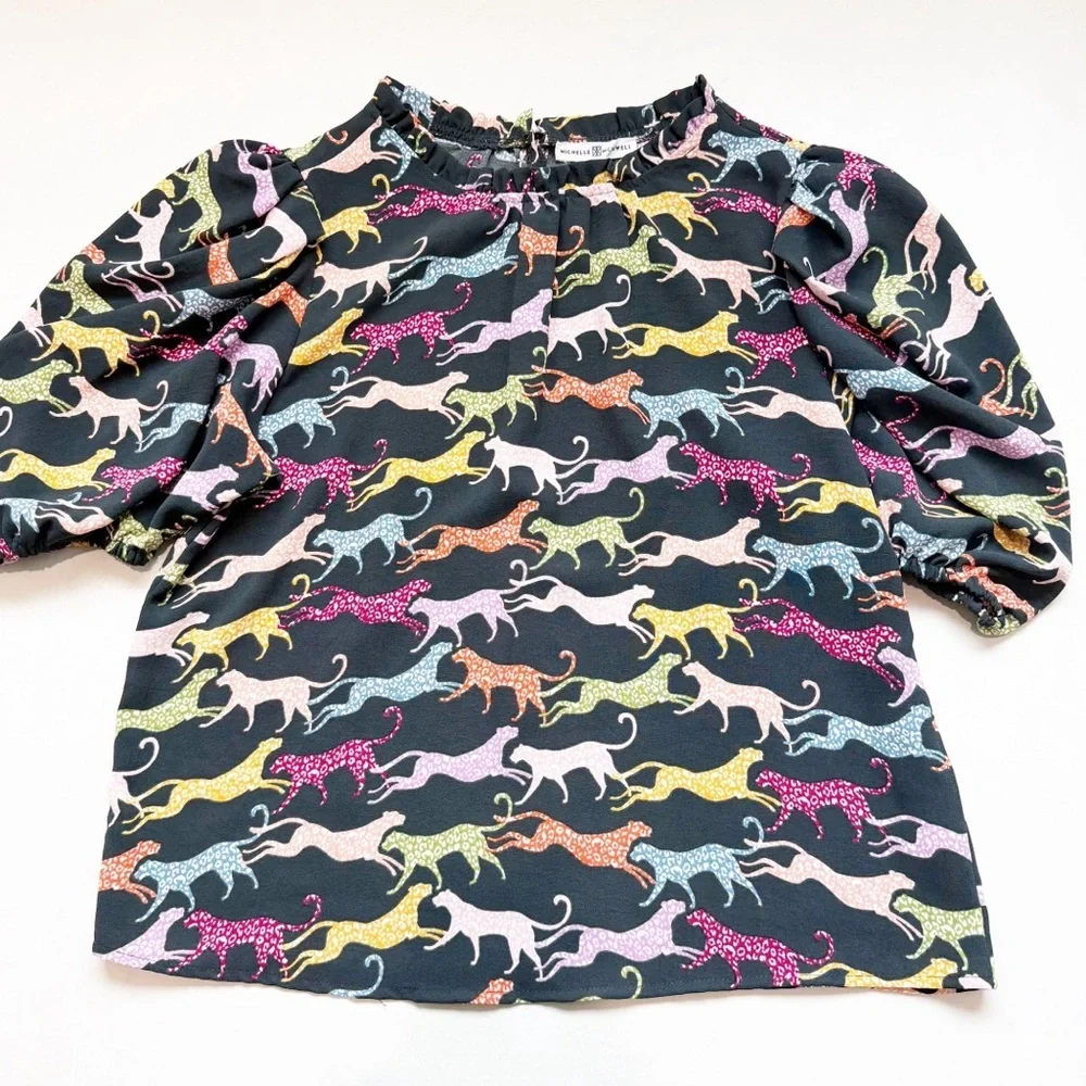 Michelle McDowell Women's Black Cheetah Print Ruffle Puff Libby Top Shirt Blouse - Picture 3 of 6